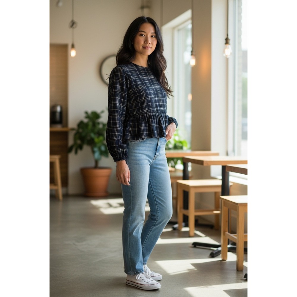 See U Soon Black NWT Peplum Blouse Metallic Gold Thread Long Sleeve Top Small